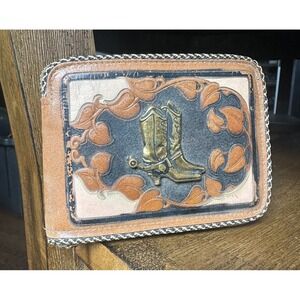 Vintage Rare Brown Leather Wallet Western Cowboy Boots Design Zip Steerhide